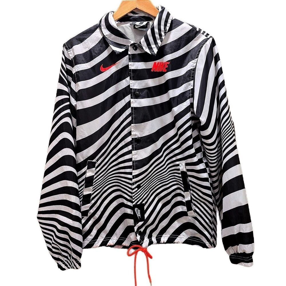 Nike Sportswear CW4751-100 Mens S Black White Optical Stripe Coach Jacket